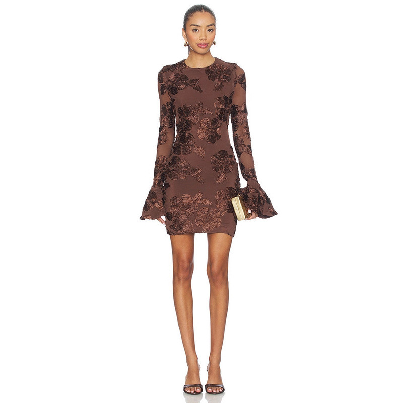 New 2025 Cross-Border European and American Fashion Design Embroidered Lace Trumpet Long-Sleeved Hip-Covering Sexy Short Dress