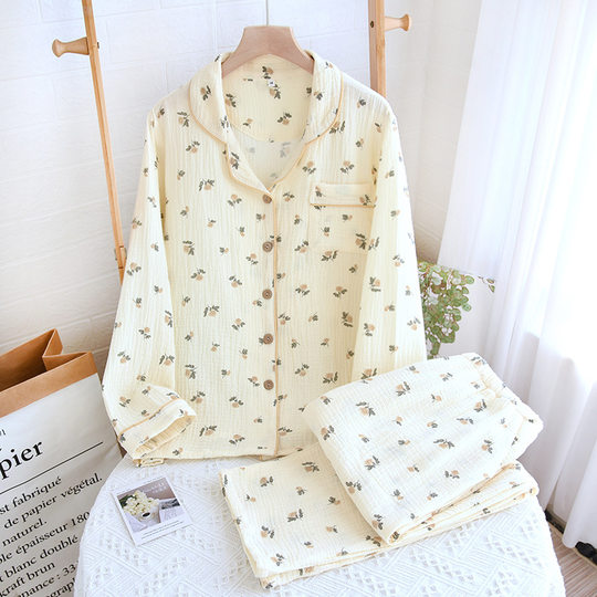 New pastoral style spring and autumn double-layer cotton gauze pajamas women can wear outside long-sleeved trousers pajamas home wear suit