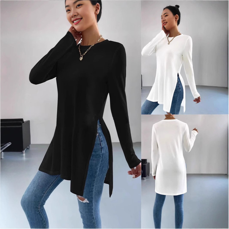 2026 Autumn and Winter Cross-Border European and American Foreign Trade Hot-Selling Casual Solid Color Round Neck Long-Sleeve T-Shirt with Side Slits at the Hem