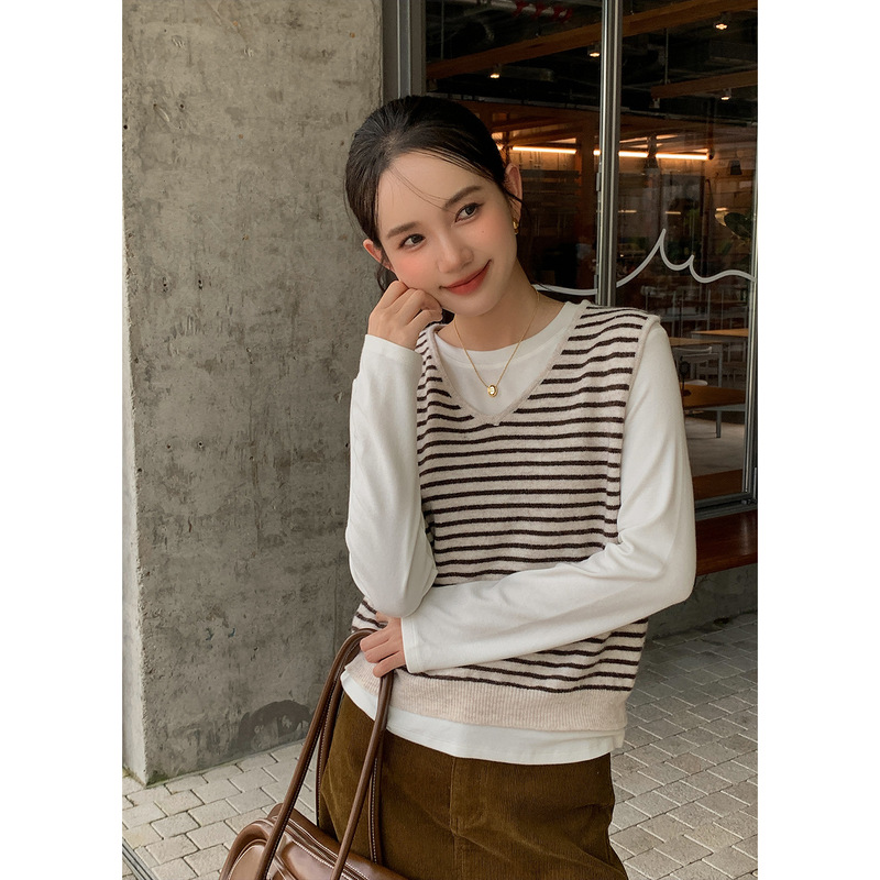 Striped Wool Casual Sleeveless Vest for Women, New Layered Korean Style Versatile Vest 0608