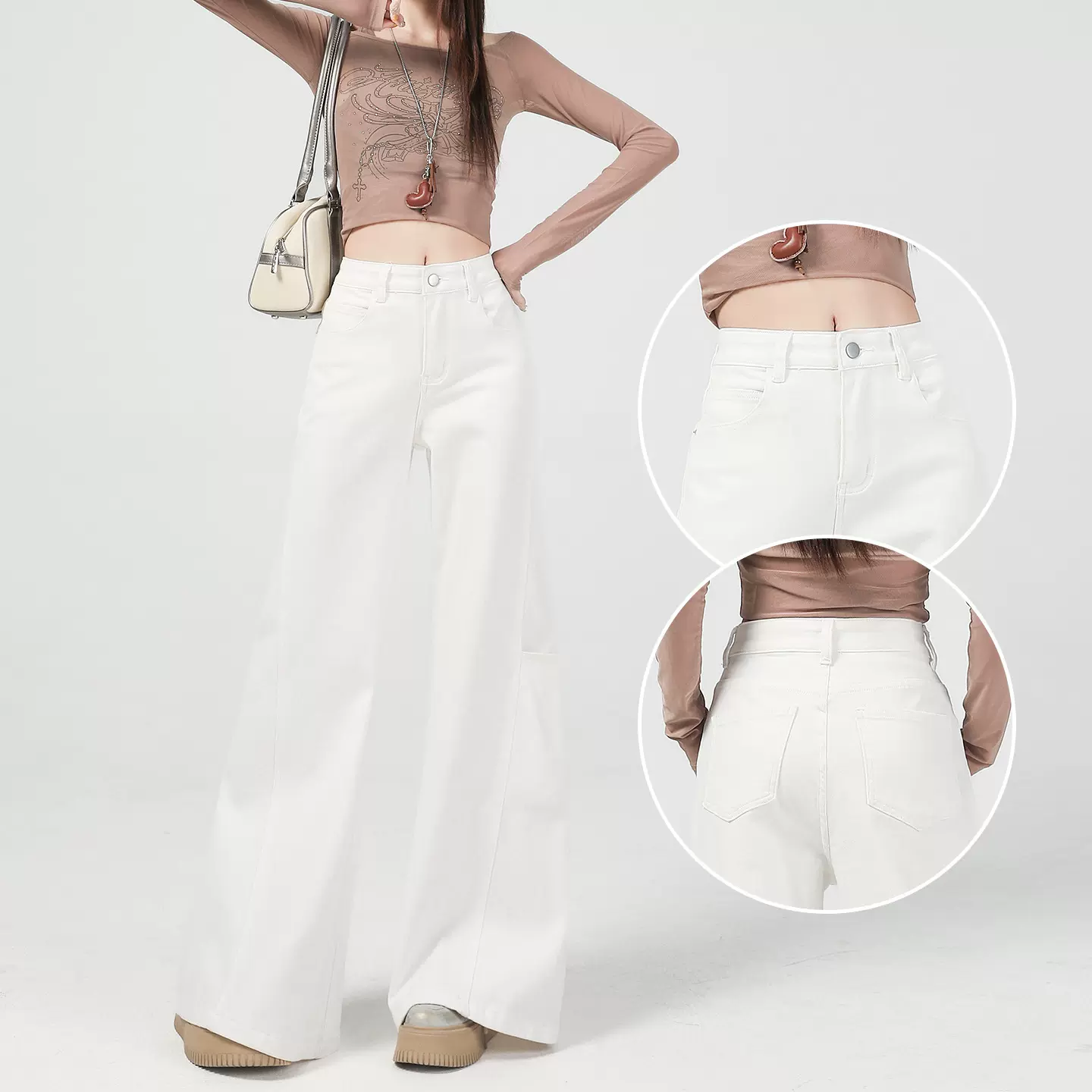 白色阔腿喇叭牛仔裤女秋季2025新款宽松高腰垂感高级感直筒裤子女