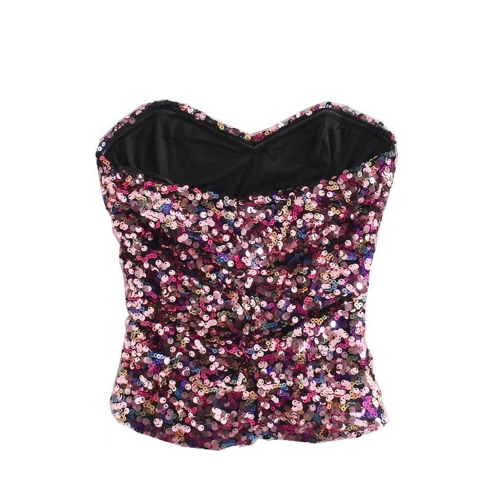 Damenbekleidung Damen Tube Top Design mit Pailletten im französischen Stil Kurzes Top_voghion.com
