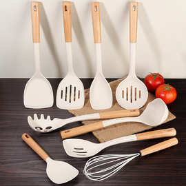 木柄硅胶厨具套装不粘锅硅胶锅铲汤勺耐高温硅胶烹饪锅铲日用餐厨