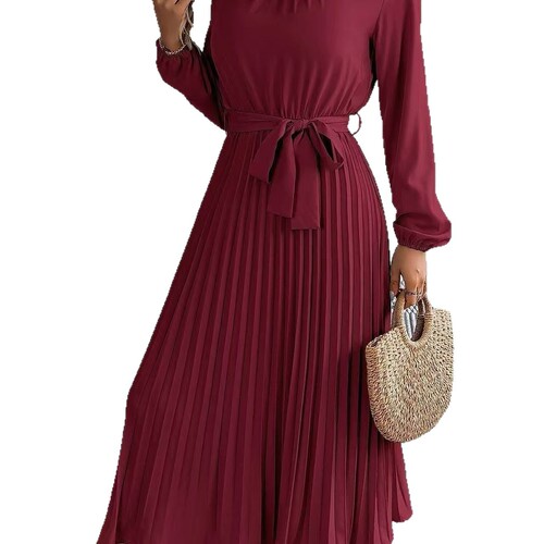 New style European and American autumn and winter elegant standing collar, long sleeve, waist waist, pleated long dress, small dress