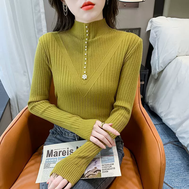 Новый модный трикотажный нижний свитер с половинным вырезом 2024 Новый дизайн бисера осенью и зимой