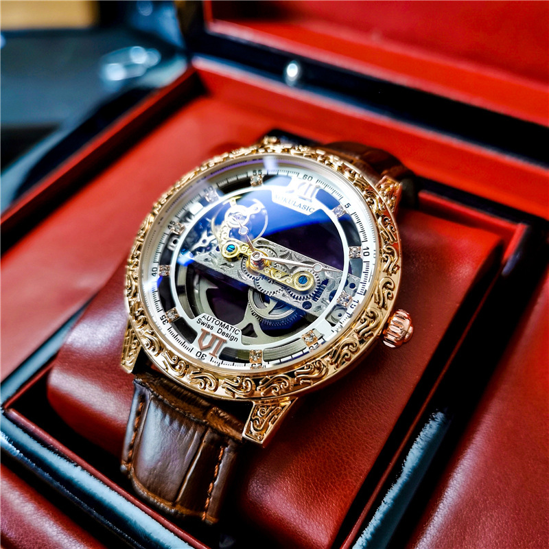 Oglas AOKULASIC reloj mecánico automático de los hombres de doble cara hueco tallado vintage impreso reloj 2120