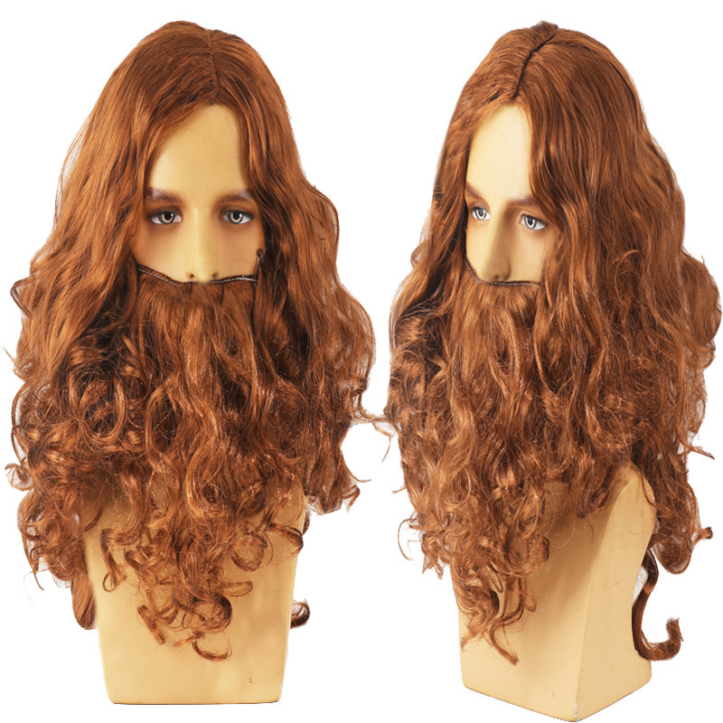 Halloween Brown Wig Jesus Santa Claus Long Curly Hair Wig Word European and American Christmas Beard Brown Headgear