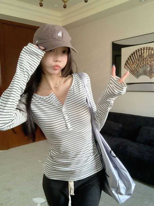韩系辣妹风粉色半开领长袖t恤女装秋季小众修身内搭正肩打底上衣|undefined
