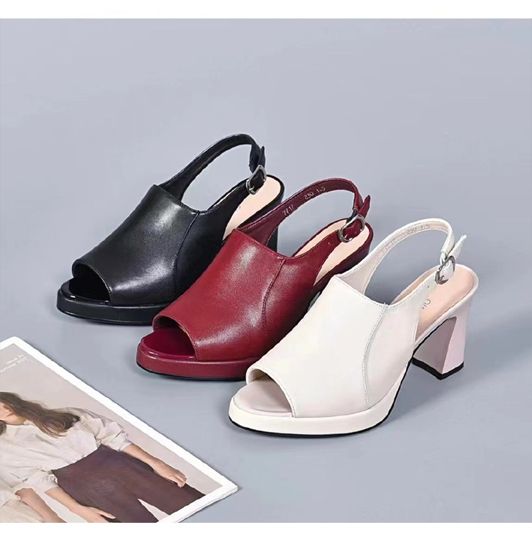 Giày cao gót nữ mũi hở peep-toe đế xuồng platform da bò gót thô 5 cm — Màu Đỏ rượu vang-5 cm chi tiết 4