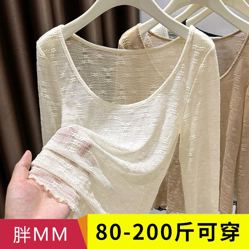 plus size Pure Desire Style Long Sleeve Lace Shirt Women's chubby girl Hollow Thin Large Round Neck Inner T-shirt Base Shirt Top