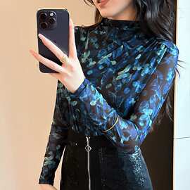 2025新款半高领网纱打底衫内搭流行女士纱衣t恤上衣代发