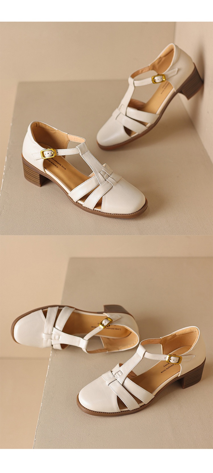 Sandal nữ quai chữ T da cừu rỗng gót xuồng 5 cm — Màu be chi tiết 15