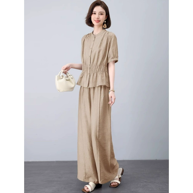 Льняной костюм женский лето 2025 новый модный стиль высококачественный стройнящий и красивый повседневный комплект из двух предметов из ледяного шелка для мам