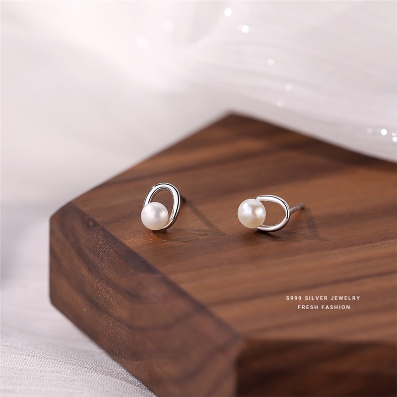 Boucles d'oreilles à tige perle design géométrique évidé argent_voghion.com