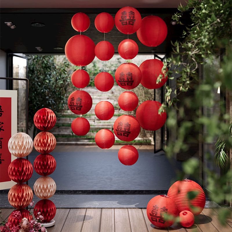 Casarse en el patio rural, linterna de papel, decoración de la casa de bodas, colgante, bola de panal roja, exterior