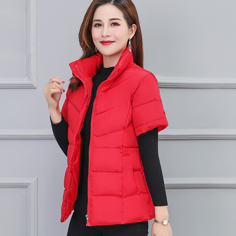 Autumn and Winter Down Cotton Vest Women's Sleeve Shoulder Neck Warm Thickened Cotton Clothes Middle-aged Mother's plus size Short-sleeved Jacket