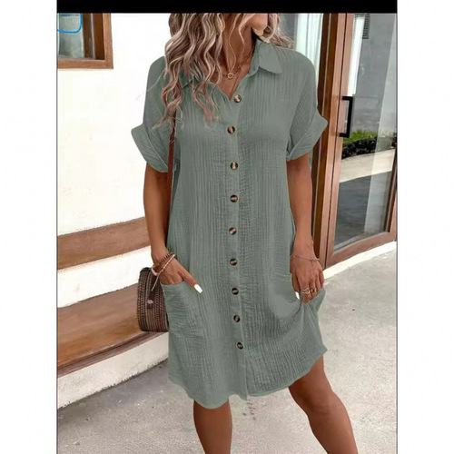 2025 Amazon European and American Cross-border Leisure Solid Color One-Button Mid-length Short-sleeve Loose Leisure Dress for Women