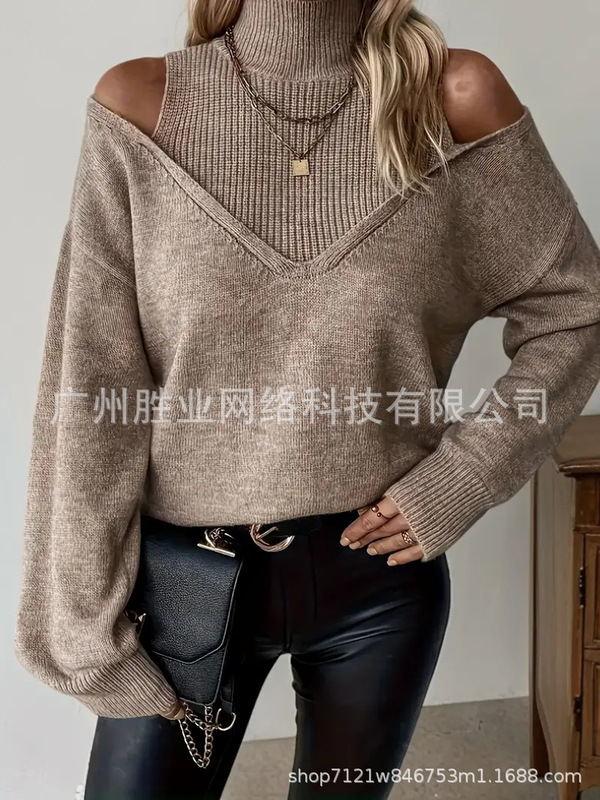 欧美跨境外贸高领秋冬毛衣时尚优雅长袖撞色毛衣露肩设计罗纹袖口|undefined
