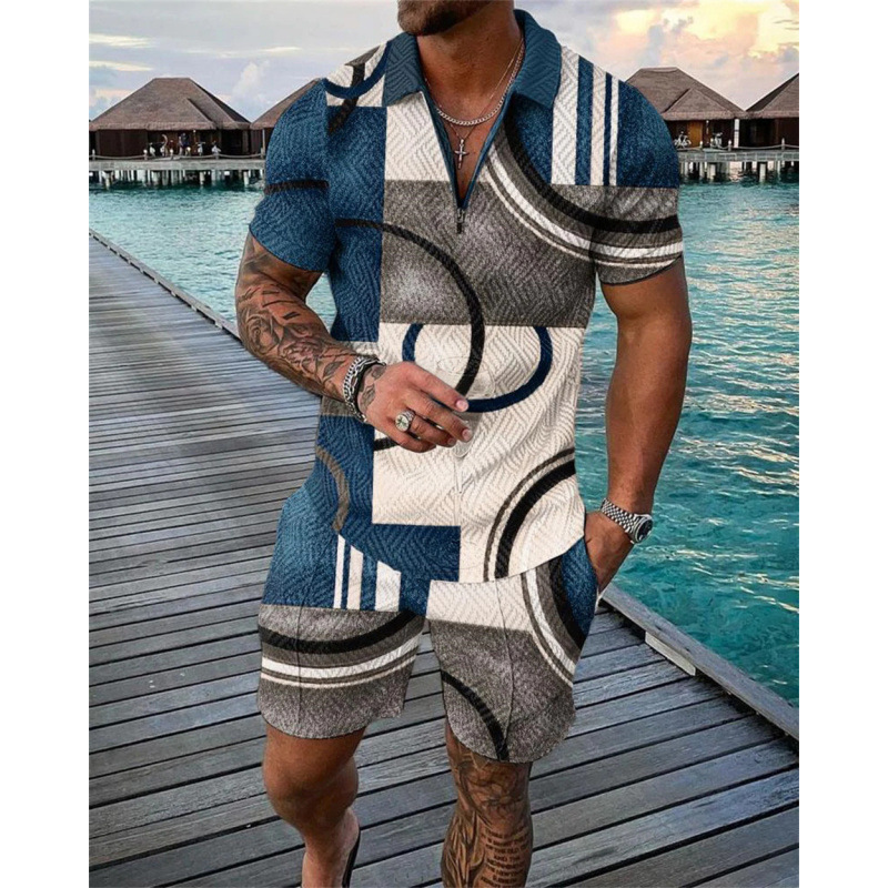 2024 クロスボーダーヨーロッパとアメリカの紳士服新しい独立したステーション供給カジュアルコントラストカラーポロジッパーラペルシャツ半袖スーツ|undefined