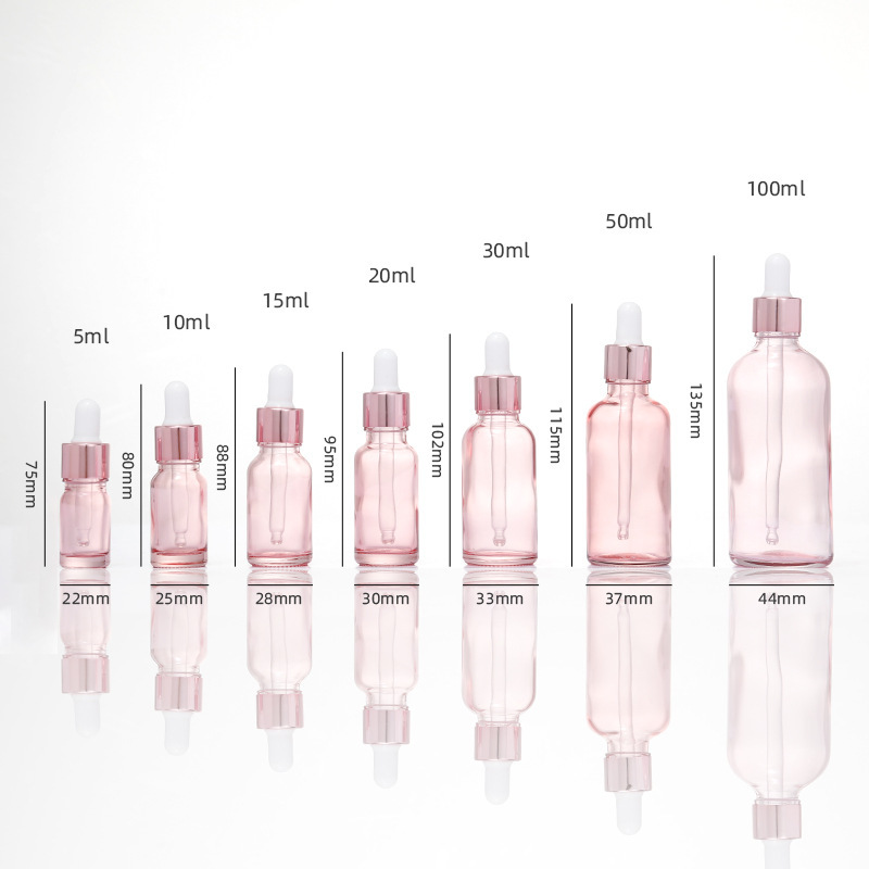 Botella de aceite esencial de color rosa transparente Esencia de líquido sub-botella gotero de vidrio Aceite de Masaje puro Rocío líquido sub-envasado de vidrio botella vacía