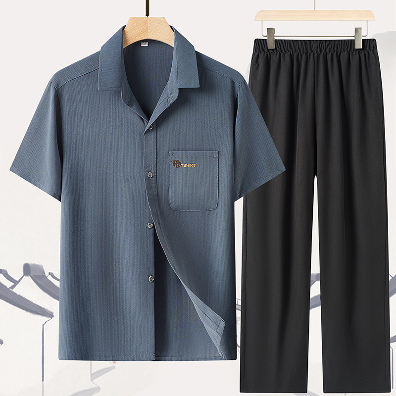 Dad Short-sleeved Shirt Men's Summer Middle-aged and Elderly Ice Silk Summer Clothes Loose Casual Thin Clothes for the Elderly Grandpa suit