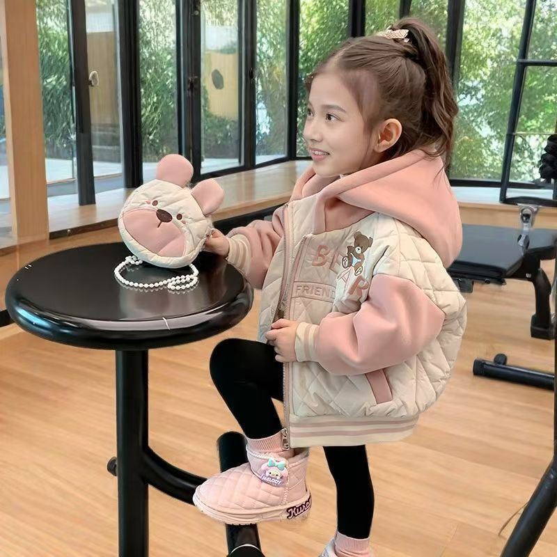 Girls' Outwears Autum and Winter 2025 New Fashionable Baby Girl Autum Velvet Thickeneded Tops Kidsren's Autum Cotton Outwears