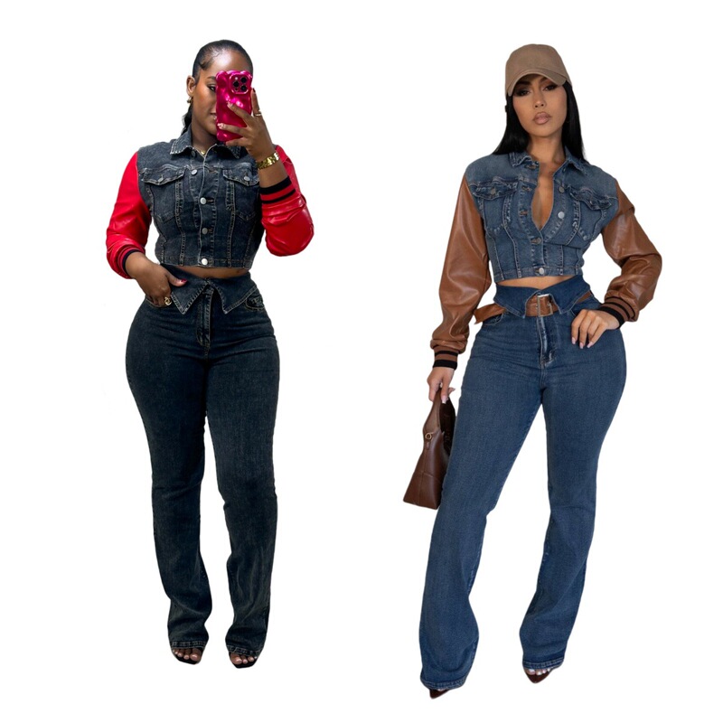 New Denim suit MZ88611 in stock Europe and the United States cross-border hot leather U Denim stitching stretch trousers women's clothing
