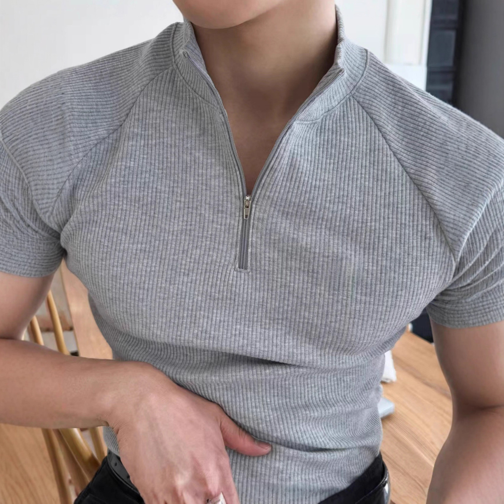 新款2025男士纯色拉链简约条纹厚款短袖polo衫立领纯色亨利领t恤