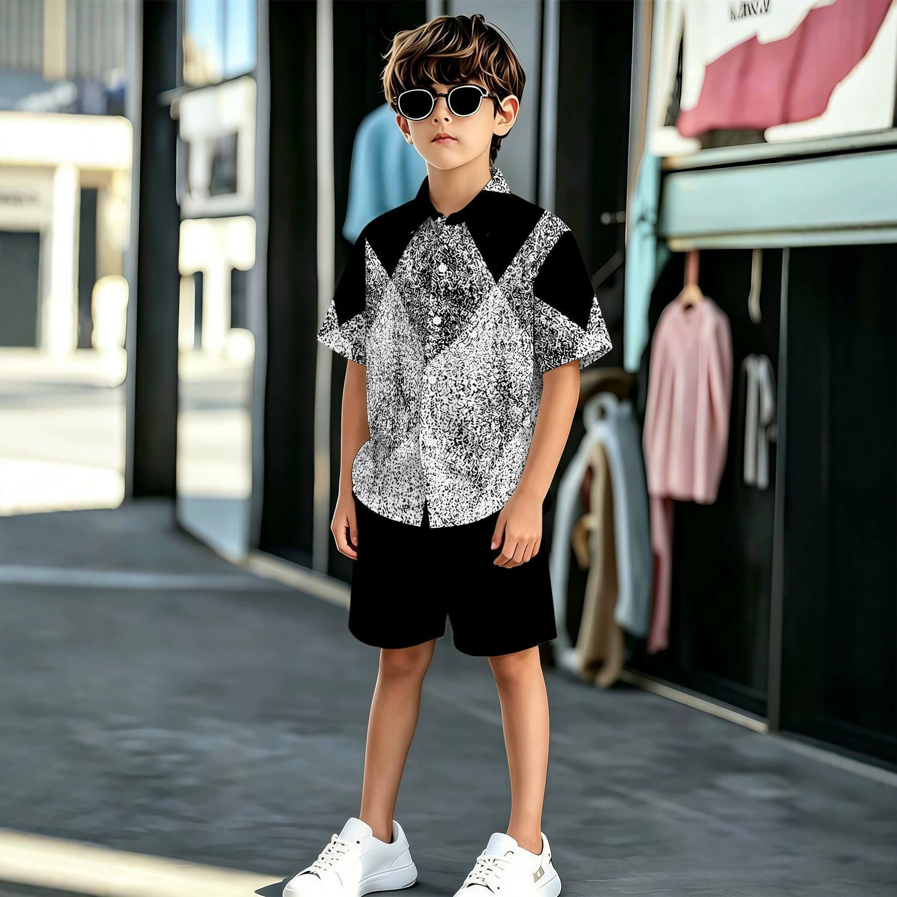 Zomeruitverkoop 2026: 3D-geprinte Europees-Amerikaanse jongensshirt en -shortset met omgeslagen kraag_voghion.com