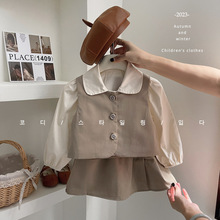 秋季新款女童韩版马甲短裙3件套宝宝洋气秋装娃娃领衬衫