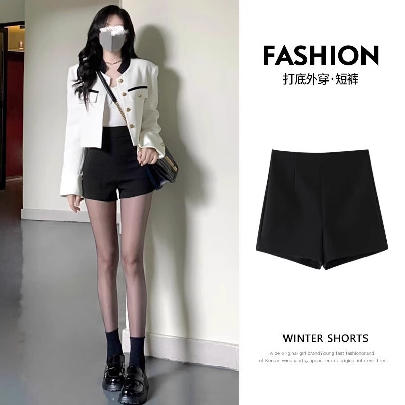 Shorts Women's 2024 New Style Outer Wear Autumn and Winter Slim Look High Waist Black A- Shaped Suit Hot Pants Spice Girls Tight Bottoming Pants