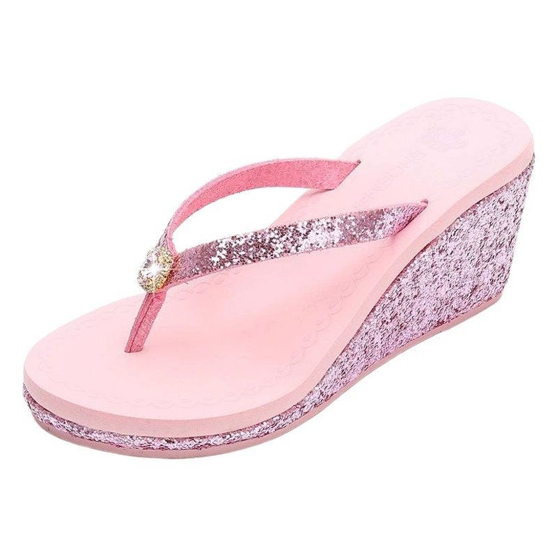 Новые женские туфли на высоком каблуке в европейском и американском стиле 2025 года, с пайетками и стразами, шлепанцы с толстой подошвой для пляжа и улицы.