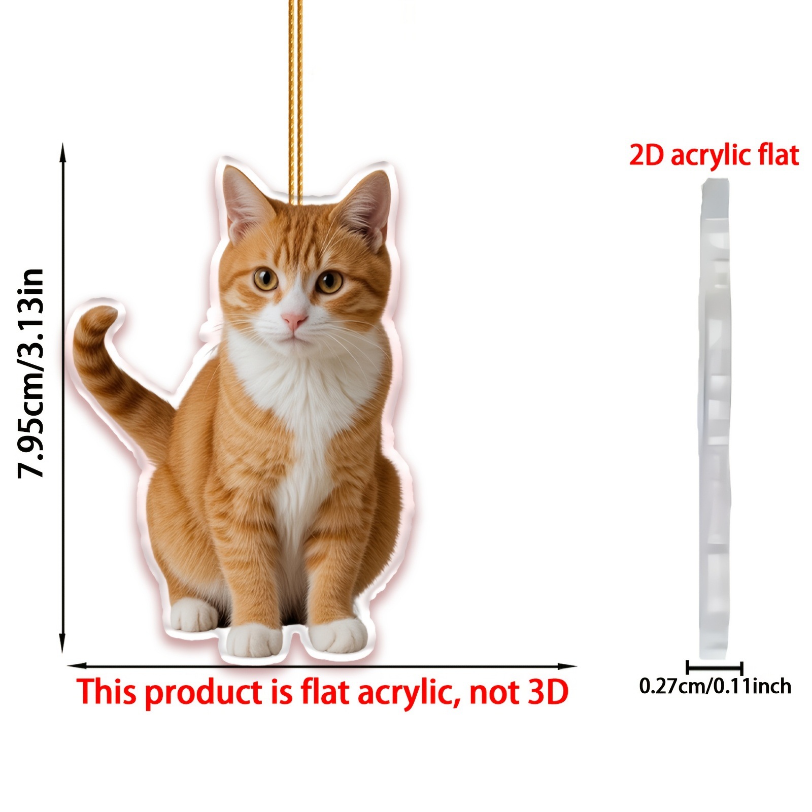Colgante decorativo de gato naranja plano 2D-Material acrílico 2D Colgante de gato mullido y realista Navidad