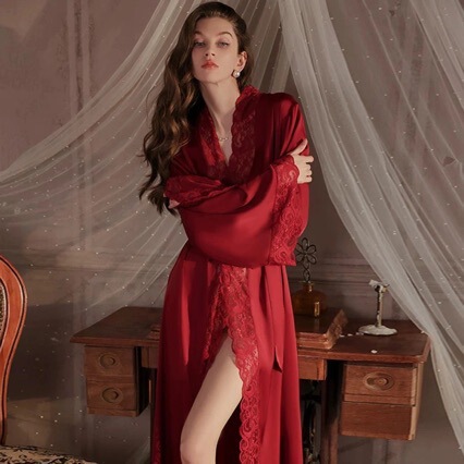 Cross-Border Summer Sexy Sleepwear Bathrobe Long-Sleeve New Style Faux Casual Long Homewear Luxury