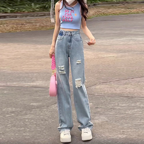 Minority Dragging Jeans Women's Color Matching Design Hole High Waist Loose Casual Pear Shape Straight Tube Wide Leg Pants 