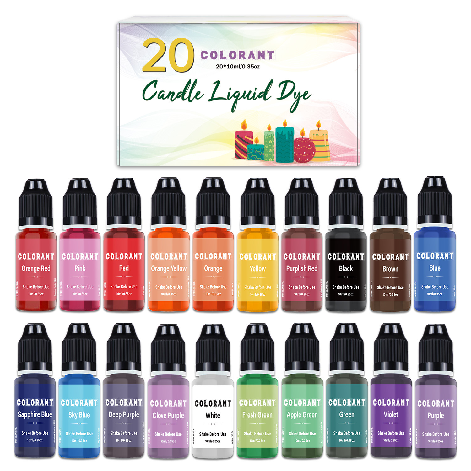 20가지 색상의 캔들 컬러의 멋진 상자(압착식 스크류 캡), 10ml/병