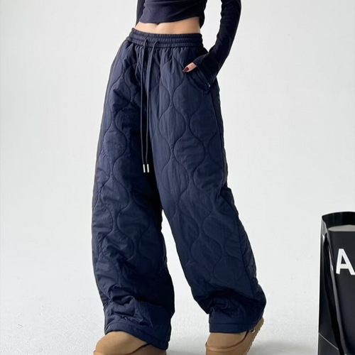 Winter Thickened Warm Pressed-Thread Cotton-Padded Pants for Women—Drawstring Hemline, High-Waisted, Loose-Fit Casual Pants for Tall Women