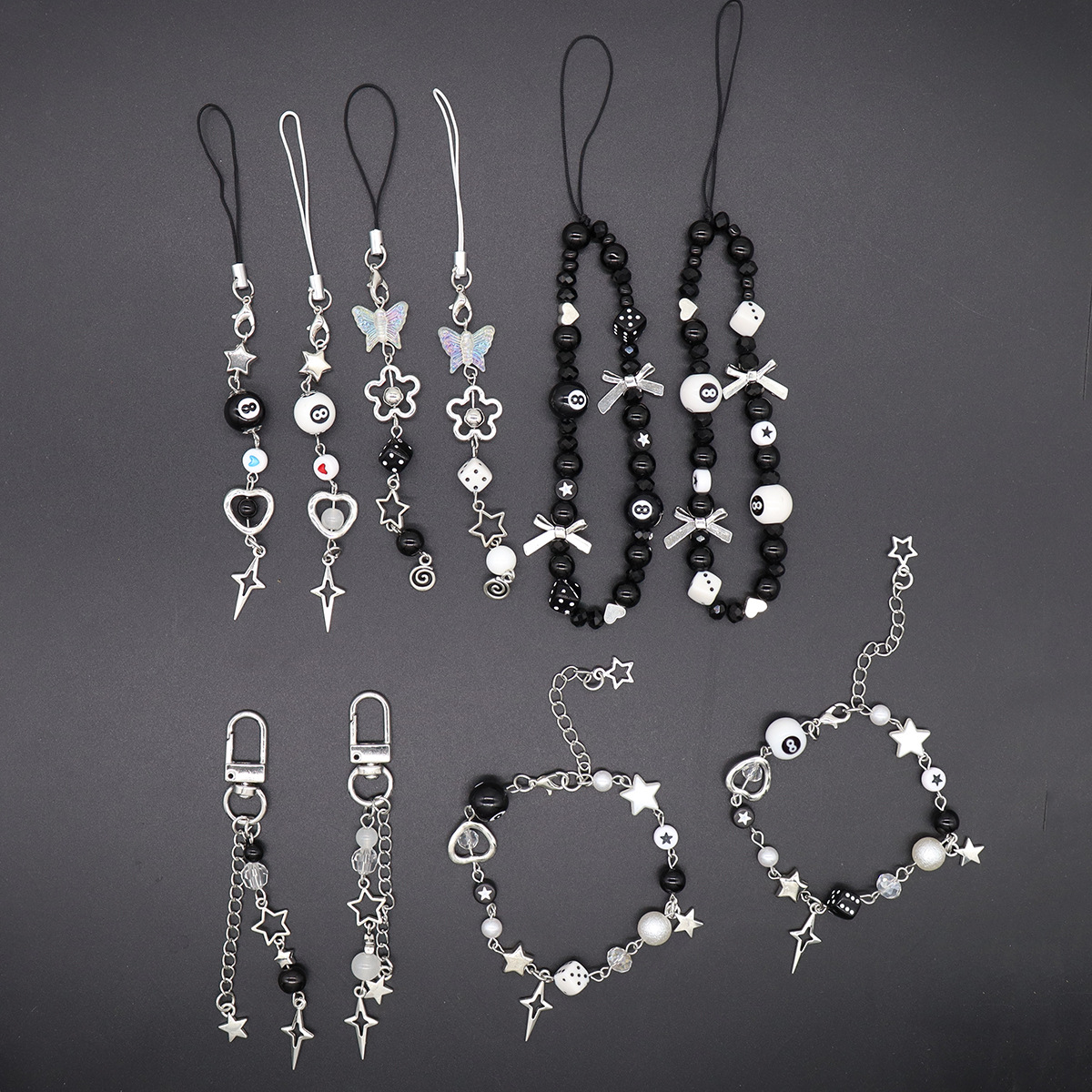 Foreign Trade Cross-border Hot Hip Hop Wind Black 8 Dice Bow Star Mobile Phone Chain Bag Buckle Personality Pendant Lanyard