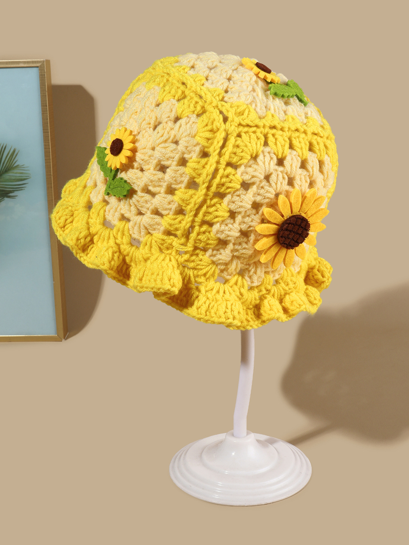Cappello da pescatore con girasole tessuto a mano, autunno e inverno, carino cappello infantile con bordo a fungo, in lana all'uncinetto_voghion.com