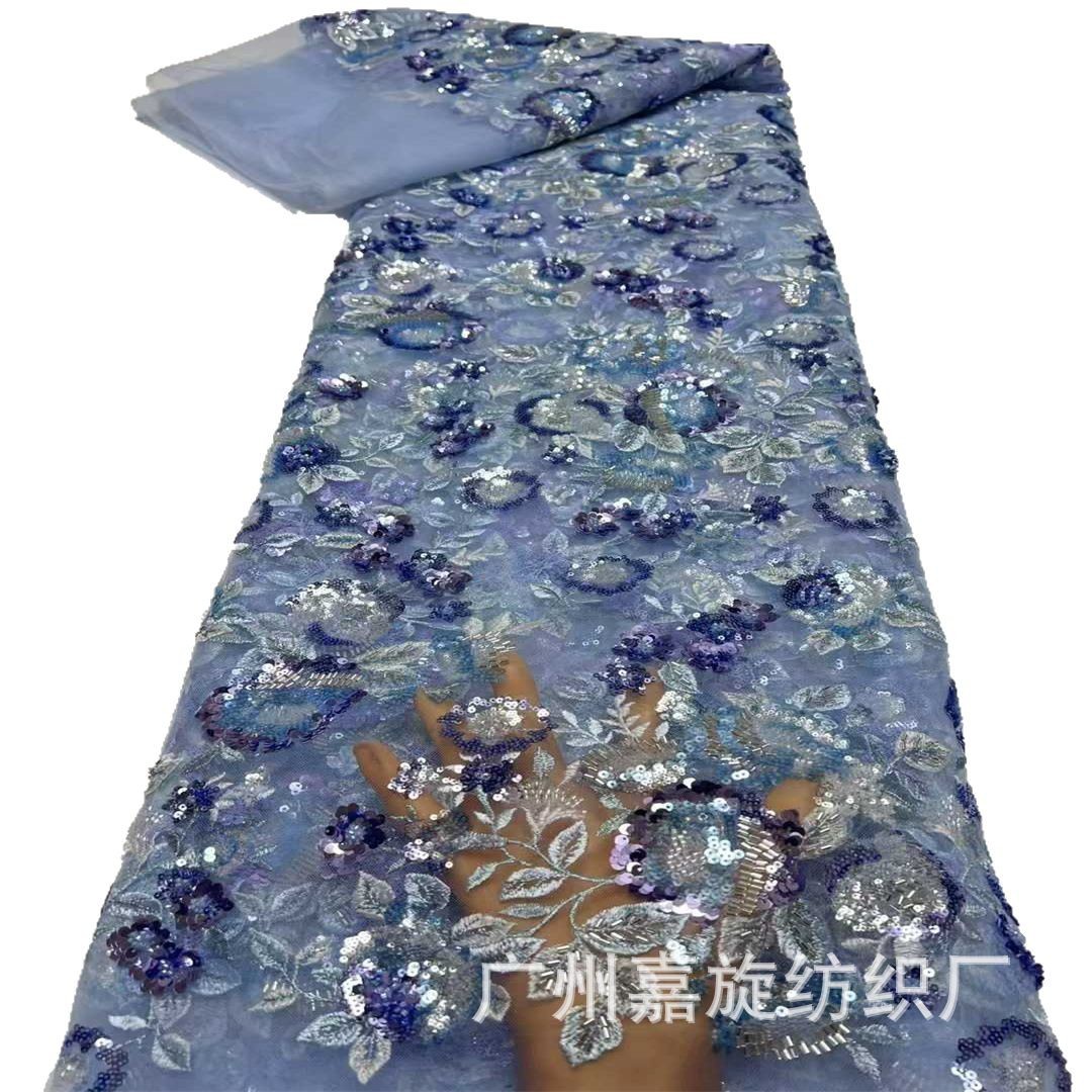 Tela de malla bordada con lentejuelas multicolor y cuentas, para vestidos de novia, con ribete de encaje bordado. image 6