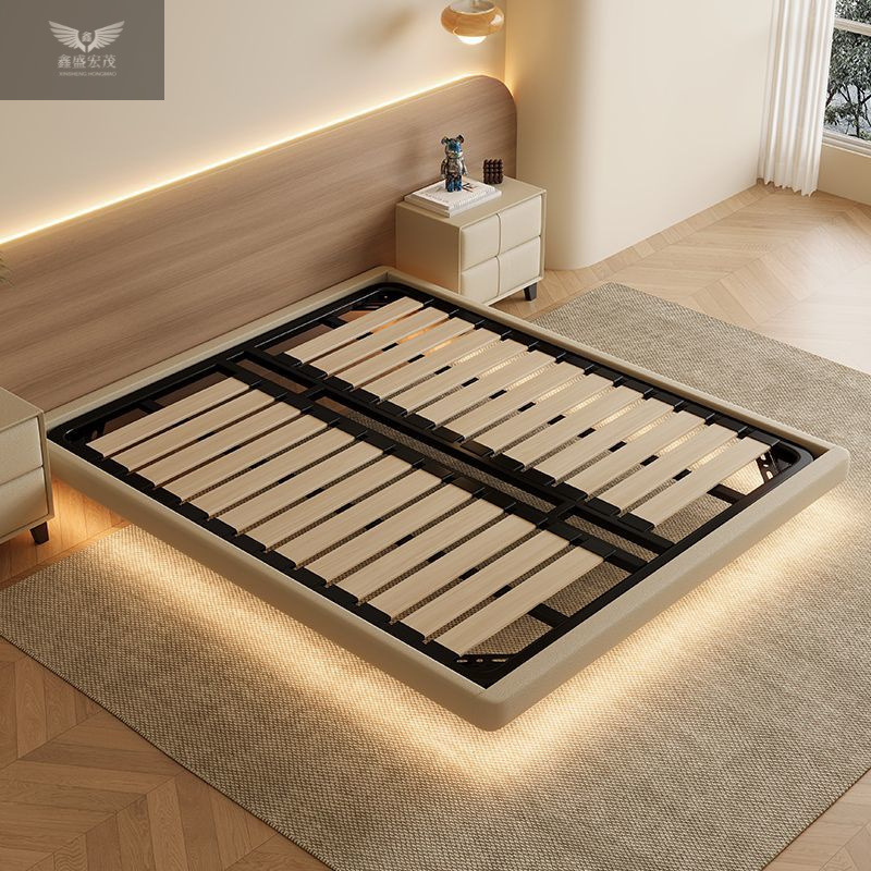 Cama de almacenamiento de suspensión sin cabecera de cama de caja moderna y simple, cama de cuero de ahorro de espacio.