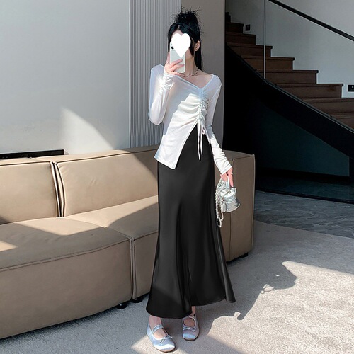 High-waisted silk fish-tail semi-slip dress with elegant coverage, shaping and slimming effect, A-line style, suitable for plus-size women