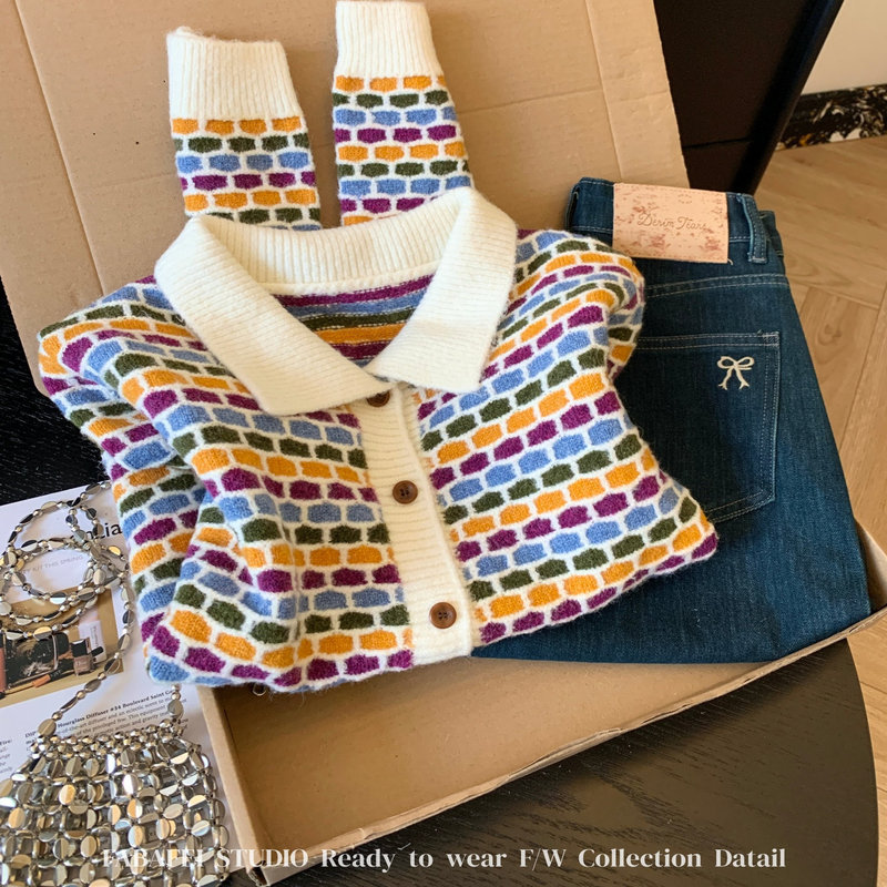 Lazy Style Color-Blocked Plaid Lapel Cardigan for Women, Spring Edition, Soft Mohair Knitwear, Unique and Super Stylish Top