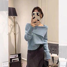 法式针织衫女2025秋冬季新款女装韩版时尚一字肩锁骨翻领打底衫女