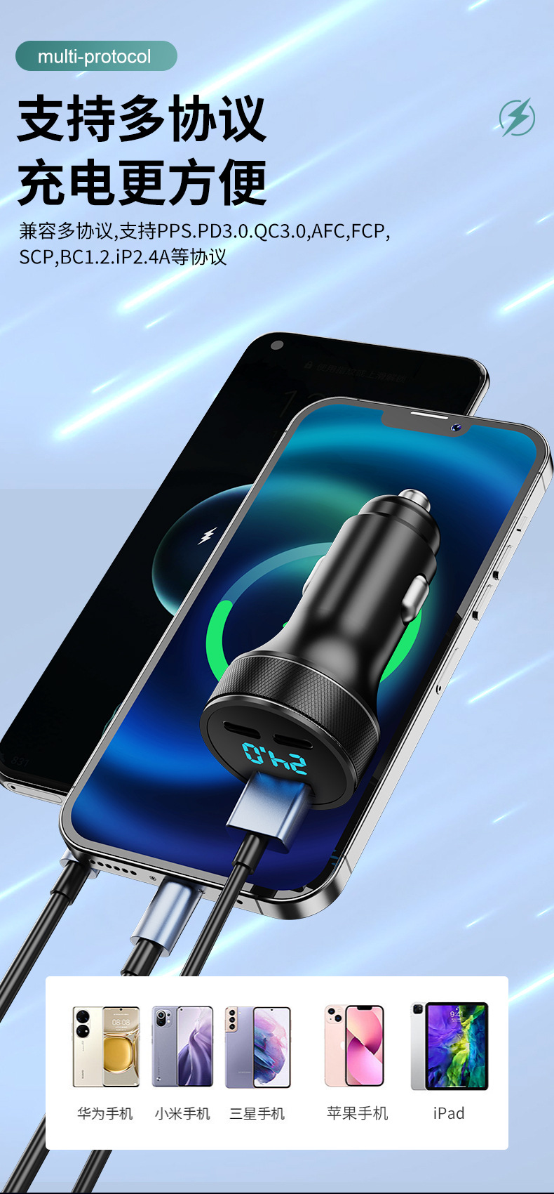 Car Mobile Phone Charger 80W Digital Display Dual Pd Super Fast Charging One to Three Multi-Function High Power Car Charger Flash Charging