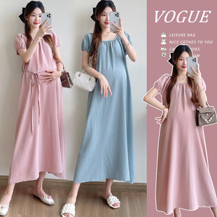 in stock Pregnant Women Summer Slub Cotton Linen dress Loose Short Sleeve plus size dress Solid Color