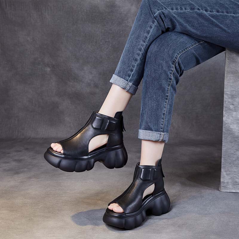 2024 Spring and Summer New Style First Layer Soft Leather Platform Sandals High Heels Retro Casual Versatile Thick Heel Fish Mouth Sandals