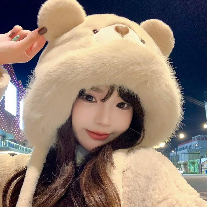 Women's Autumn Winter Beret Thickened Warm Plush Cycling Wide Brim Cute Cartoon Bear Hat Adult Ear Protection_voghion.com