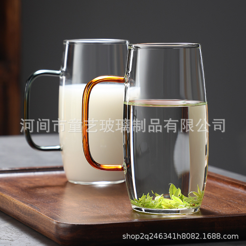 高顏值透明玻璃綠茶杯彩色手柄高硼硅玻璃單層杯家用大容量喝水杯