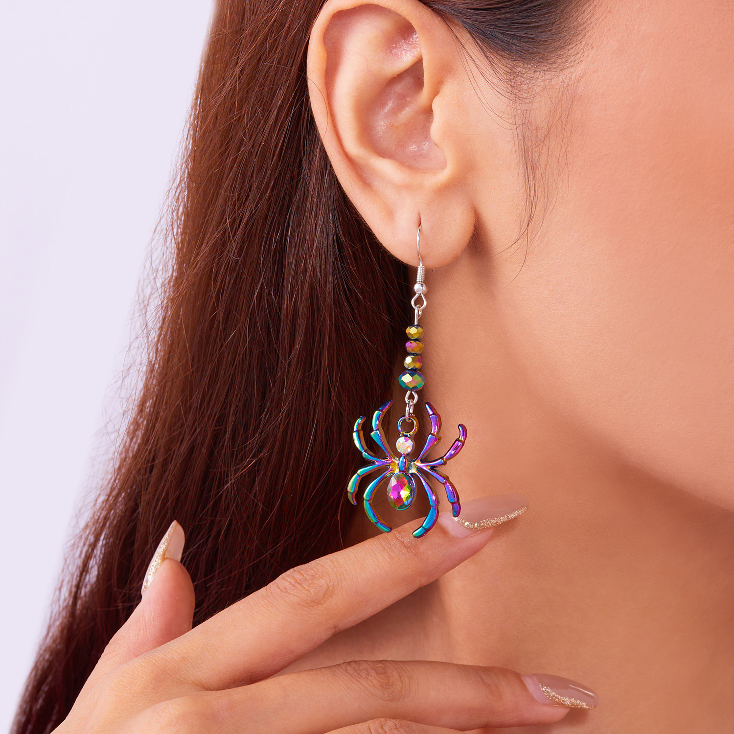 Subtle exaggerated Halloween diamond studded spide, punk style, versatile, colorful and quirky tassel earrings_voghion.com